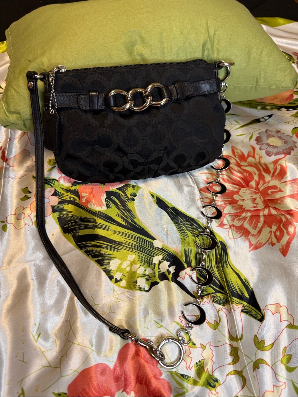 Coach Black Signature Jacquard Wristlet/Small Shoulder Bag w/ Chain Detail